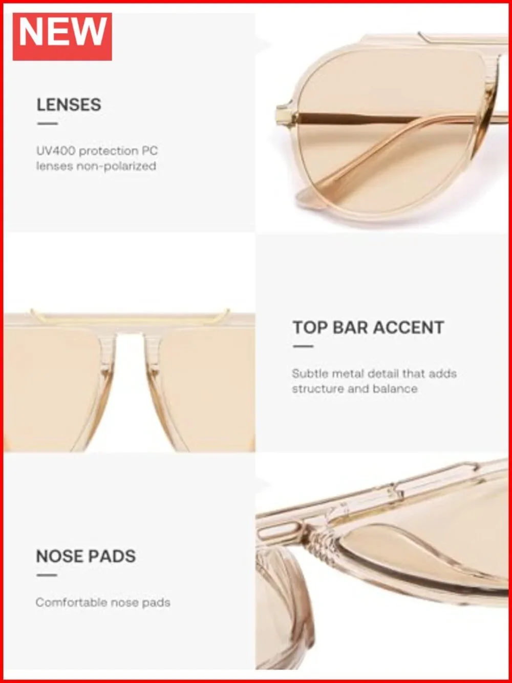 Retro Oversized Square Aviator Sunglasses with UV400 Protection